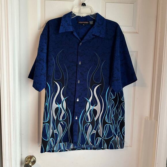 Vintage Sapphire Lounge Blue Flame Tribal Button Up Collared Shirt Men’s Size L - Picture 1 of 7